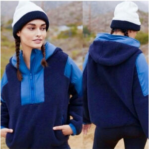 Free People Movement Lead The Pack Fleece Pullover Navy Blue Sherpa Large
